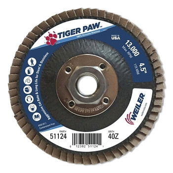 Weiler Tiger Paw TY29 Coated Abrasive Flap Disc, 4 -1/2 in dia, 40 Grit, 5/8 in-11, 13000 rpm (10 EA / CT)