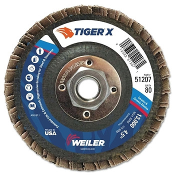 Weiler Tiger X Flap Disc, 4-1/2 in Angled, 80 Grit, 5/8 in to 11 Arbor (10 EA / PK)