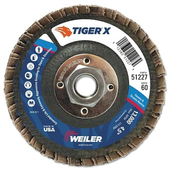 Weiler Tiger X Flap Disc, 4-1/2 in Flat, 60 Grit, 5/8 in - 11 Arbor (10 EA / PK)