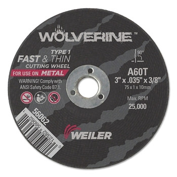 Weiler Wolverine Flat Type 1 Cutting Wheel, 3 in dia, 0.035 in Thick, 60 Grit, Aluminum Oxide (100 EA / PK)