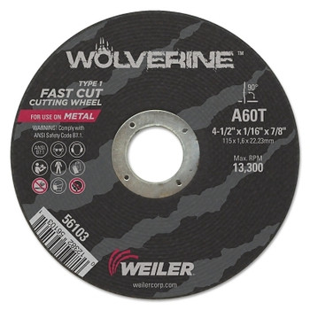 Weiler Wolverine Flat Type 1 Cutting Wheel, 4-1/2 in Diameter, 1/16 in Thick, 60 Grit, Alum Oxide (1 EA / EA)