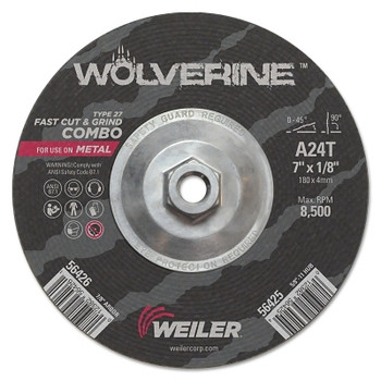 Weiler Wolverine Combo Wheels, 7 in Dia, 1/8 in Thick, 5/8 in Arbor, 24 Grit, T (1 EA / EA)