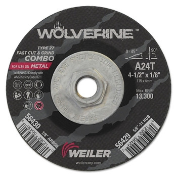 Weiler Wolverine Combo Wheel, 4-1/2 in dia, 1/8 Thick, 5/8 in - 11 UNC Arbor, 24 Grit (10 EA / BX)