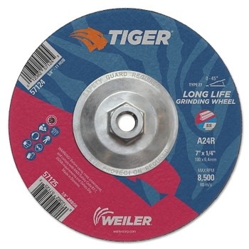 Weiler Tiger A24S Long Life Depressed Center Grinding Wheel, 7 in dia, 0.025 in Thick, 5/8 in - 11 UNC Arbor, 24 Grit (10 EA / PK)