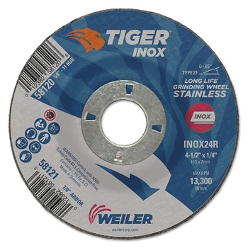 Weiler Tiger Inox Grinding Wheel, 4-1/2 in Dia, 1/4 in Thick, 7/8 in Arbor (10 EA / PK)