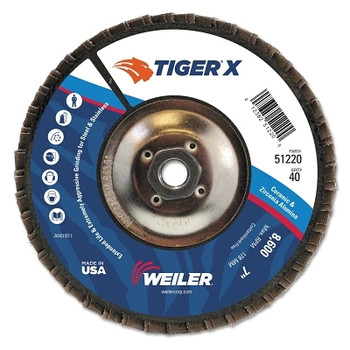 Weiler TIGER X Flap Disc, 7 in Angled, 40 Grit, 5/8 in - 11 Arbor (10 EA / PK)
