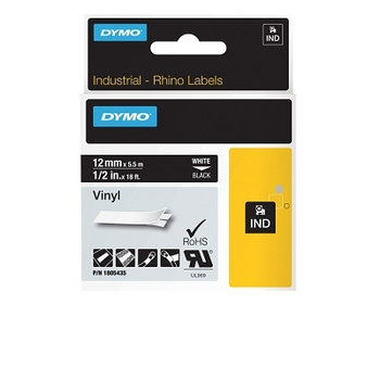 DYMO Industrial Rhino Vinyl Label Cartridge, 3/4 in W x 18 ft L, White Print on Black Background (5 EA / PK)