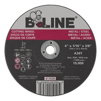 B-Line Abrasives Cutting Wheel, 4 in dia, 1/16 in Thick, 3/8 in Arbor, 36 Grit, Alum Oxide (1 EA / EA)