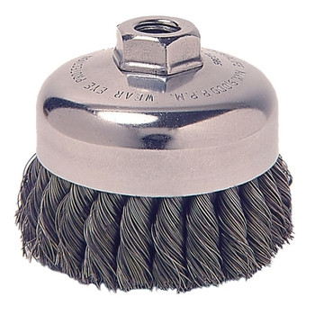 Weiler Vortec Pro Knot Wire Cup Brush, 3 1/2 in Dia., 5/8-11 Arbor, .02 in Carbon Steel (1 EA / EA)