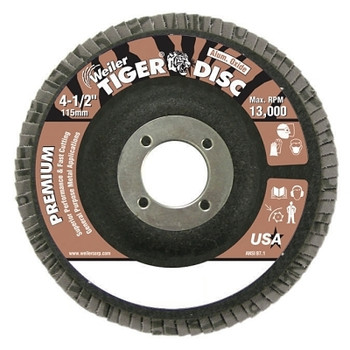 Weiler Tiger Disc Flat Style Flap Discs,4.5",40 Grit,7/8 Arbor,Phenolic Back,Alum Oxide (10 EA / BOX)