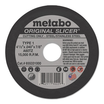 Metabo Original Slicer Cutting Wheel, Type 1, 4-1/2 in dia, 0.045 in Thick, 60 Grit, Aluminum Oxide (1 EA / EA)