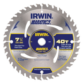 Irwin Marathon Portable Corded Circular Saw Blades, 7 1/4 in, 40 Teeth, Combination, Carded (5 EA / BOX)