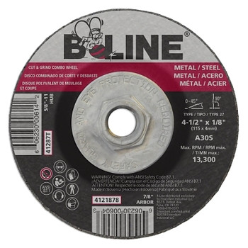 B-Line Abrasives Depressed Center Combo Wheel, 4-1/2 in dia, 1/8 in Thick, 5/8 in-11 Arbor, 30 Grit, Aluminum Oxide (10 EA / PK)
