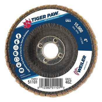 Weiler Tiger Paw Coated Abrasive Flap Discs, 4", 40 Grit, 5/8 Arbor, Phenolic Back (10 EA / CT) Weiler Tiger Paw Coated Abrasive Flap Discs, 4", 40 Grit, 5/8 Arbor, Phenolic Back (10 EA / CT)