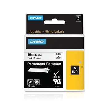 DYMO Industrial Rhino Permanent Polyester Label Cartridge, 3/4 in W x 18 ft L, Black Print on White Background (5 EA / PK)