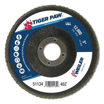 Weiler Tiger Paw Coated Abrasive Flap Discs, 5", 40 Grit, 7/8 Arbor, Phenolic Back (10 EA / CT) Weiler Tiger Paw Coated Abrasive Flap Discs, 5", 40 Grit, 7/8 Arbor, Phenolic Back (10 EA / CT)