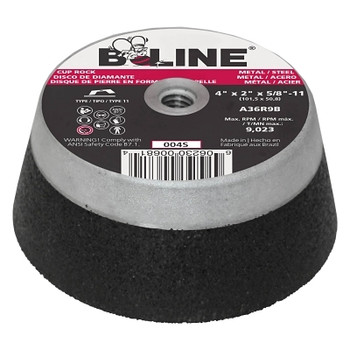 B-Line Abrasives Cup Wheel, 4 in dia, 2 in Thick, 5/8 in-11 Arbor, 36 Grit, Alum Oxide (1 EA / EA)