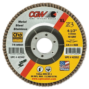 CGW Abrasives Premium Z3 XL T29 Flap Disc, 4 1/2", 36 Grit, 5/8 Arbor, 13,300 rpm (10 EA / BOX)