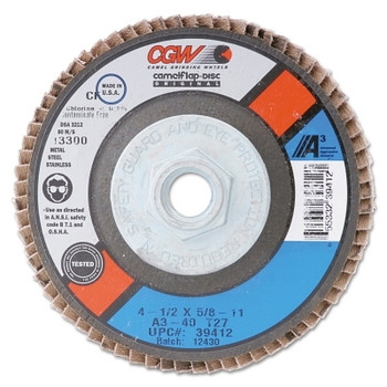 CGW Abrasives Flap Discs, A3 Aluminum Oxide, XL, 4 1/2", 40 Grit, 7/8 Arbor, 13,300 rpm, T27 (10 EA / BOX)