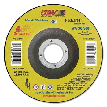 CGW Abrasives Thin Cut-Off Wheel, 4 1/2 in Dia, 3/32 in Thick, 36 Grit Aluminum Oxide (25 EA / BOX)