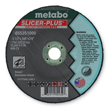 Metabo Slicer Plus Cutting Wheel, Type 27, 4 1/2 in Dia, .045 in Thick, 60 Grit (1 EA / EA)