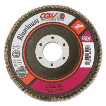 CGW Abrasives Aluminum Reg T27 Flap Disc, 4 1/2",60 Grit,5/8-11 Arbor,13,300 rpm (10 EA / BX)