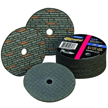 Norton Gemini Type 1 Reinforced Cut-Off Wheel, 2 in dia, .035 in Thick, 1/8 in Arbor, 60 Grit, Aluminum Oxide (25 EA / CTN) Norton Gemini Type 1 Reinforced Cut-Off Wheel, 2 in dia, .035 in Thick, 1/8 in Arbor, 60 Grit, Aluminum Oxide (25 EA / CTN)