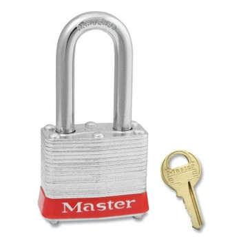 Master Lock No. 3 Laminated Steel Padlock, 9/32 in dia, 5/8 in W x 1-1/2 in H Shackle, Silver/Red, Keyed Different, Varies (6 EA / BOX)