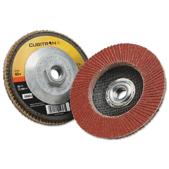 3M Abrasive Cubitron II Flap Disc 967A, 4-1/2 in dia, 60 Grit, 5/8 in-11 Arbor, 13,300 RPM, Type 27 (10 DC / CA)