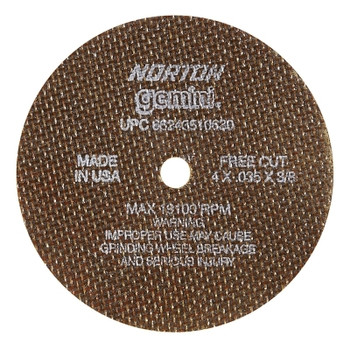 Norton Gemini Type 1 Reinforced Cut-Off Wheel, 4 in dia, 0.035 in Thick, 3/8 in Arbor, 60 Grit, Aluminum Oxide (25 EA / CS)