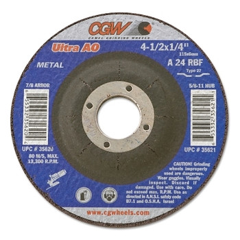 CGW Abrasives 1/4 in Depressed Center Wheel Type 27, 4-1/2 in dia, 7/8 in Arbor, A24R (25 EA / BOX)