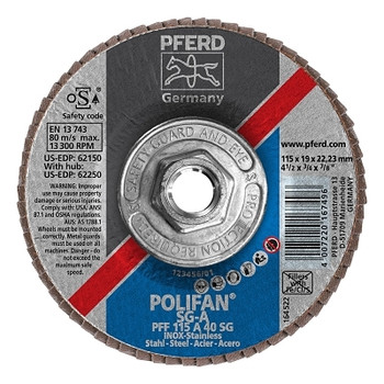 Pferd Type 27 POLIFAN SG Flap Discs, 4 1/2",40 Grit,5/8 Arbor, 13,300 rpm,Alum Ox(A) (1 EA / EA)