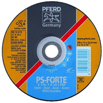 Pferd Depressed Center Wheel, 9 in Dia, 1/4 in Thick, 7/8 Arbor, 24 Grit Alum. Oxide (10 EA / BOX)