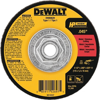 DeWalt HP Mini Hub Cutting Wheel, 4-1/2 in x .045 x 5/8 in - 11, Type 1 (10 EA / BX) DeWalt HP Mini Hub Cutting Wheel, 4-1/2 in x .045 x 5/8 in - 11, Type 1 (10 EA / BX)