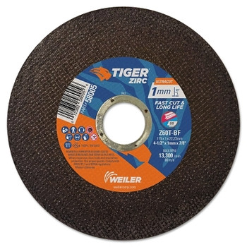 Weiler Tiger Zirc Thin Cutting Wheel, 5 in Diameter x .045 in, 7/8 in Arbor, 60 Grit, Zirconia Alumina, T Hardness (25 EA / PK)