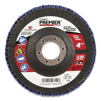 Carborundum Premier Red Zirconia Alumina Type 29 Flap Disc, 4-1/2 in dia, 40 Grit, 7/8 in Arbor (5 EA / PK)