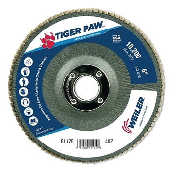 Weiler Tiger Paw TY29 Coated Abrasive Flap Disc, 6 in, 40 Grit, 7/8 in Arbor (10 EA / BX)