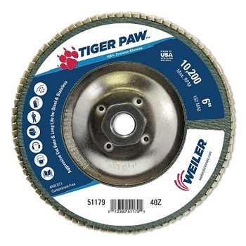 Weiler Tiger Paw TY29 Coated Abrasive Flap Disc, 6 in, 40 Grit, 5/8 in-11 Hub Arbor (10 EA / BX)