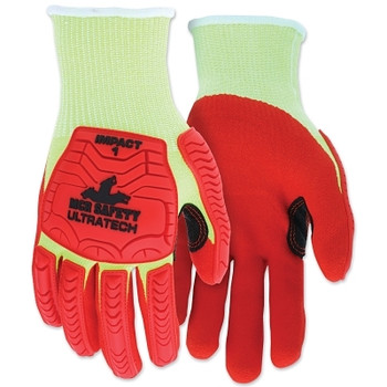 MCR Safety UT1953 UltraTech A4/Impact Level 1 Mechanics Knit Glove, X-Large, Hi-Viz Lime; Red (12 PR / DZ)
