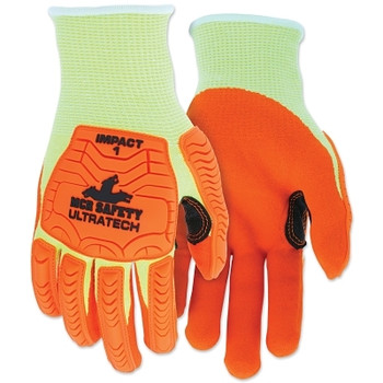 MCR Safety UT1955 UltraTech A5/Impact Level 1 Mechanics Knit Glove, Large, Hi-Viz Lime; Orange (12 PR / DZ)