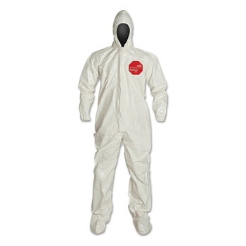 DuPont Tychem 4000 Coverall, Attached Hood and Sock, Elastic Wrists, Zipper, Storm Flap, White, X-Large (6 EA / CA)