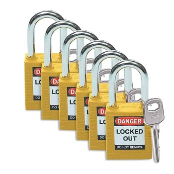Brady Nylon Lockout Padlock, 0.25 in dia x 1.5 in L Shackle, Yellow, DANGER LOCKED OUT DO NOT REMOVE (6 EA / PK)