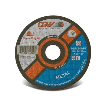 CGW Abrasives Reinforced Cut-Off Wheel, Type 1, 6 in Dia, .045 in Thick, 60 Grit Alum. Oxide (50 EA / BX)