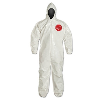 DuPont Tychem 4000 Coverall, Bound Seams, Attached Hood, Elastic Wrist and Ankles, Zipper Front, Storm Flap, White, Large (12 EA / CA)