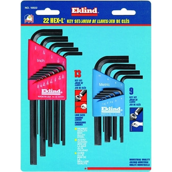 Eklind Tool Hex-L Key Set, 22 per card, Hex Tip, Inch/Metric, Short and Long Arms (1 ST / ST)