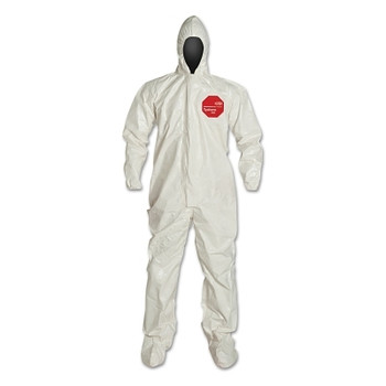 DuPont Tychem 4000 Coverall, Attached Hood and Sock, Elastic Wrists, Zipper, Storm Flap, White, Medium (6 EA / CA)