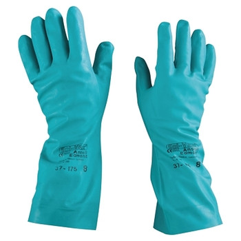 Ansell AlphaTec Solvex Nitrile Gloves, Gauntlet Cuff, Cotton Flock Lined, Size 8, Green, 15 mil (12 PR / DZ)