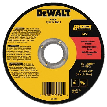 DeWalt Type 1 Thin Metal Cutting Wheels, HP, 4 in x .045 in x 5/8 in, 15200 rpm (25 EA / BOX)