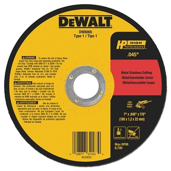 DeWalt Type 1 Thin Metal Cutting Wheel, HP, 7 in dia x 0.045 in Thick x 7/8 in Arbor, 8,700 RPM (25 EA / BOX)