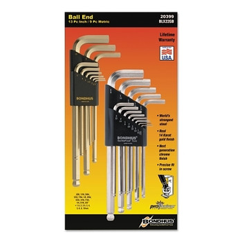 Bondhus GoldGuard/BriteGuard L-Wrench Hex Key Sets, 22 per set, Ball Tip, Inch/Metric (1 EA / EA)